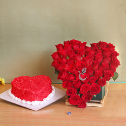 Combo Gift of 50 Red Roses Heart Shaped Arrangement and One Kg Heart Shape Red Velvet Cake