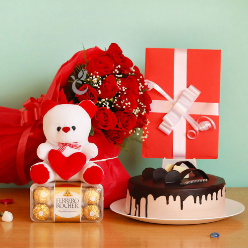 Combo Gifts Of 12 Red Roses + 16pcs Ferrero Rocher Box +Half Kg Chocolate Cake +Greeting Card +Teddy