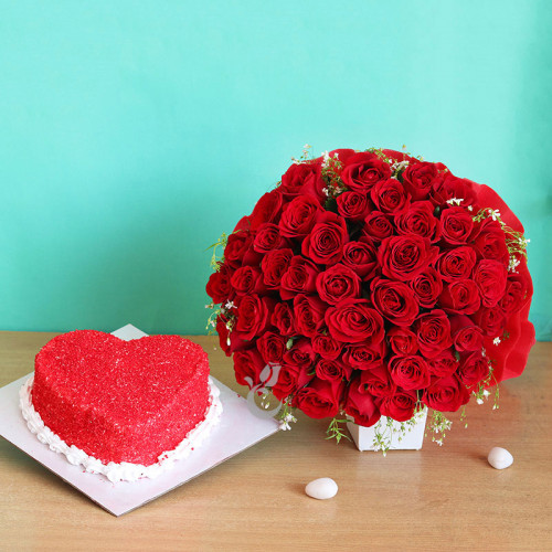 Combo Gifts Of 50 Red Roses Bouquet And One Kg Heart Shape Red Velvet Cake