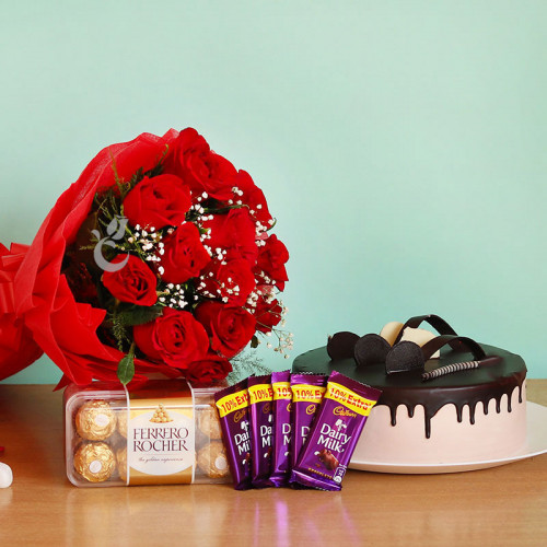 Combo of 12 Red Roses Bunch + 5 Cadbury Chocolates + Ferrero Rocher + Chocolate Cake