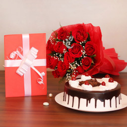 Combo Gifts Of 10 Red Roses with One Greeting Card and Half Kg Black Forest Cake