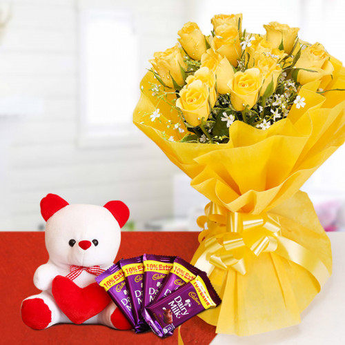 Combo Gifts Of 10 Yellow Roses + 5 Cadbury dairy milk chocolate + One Teddy