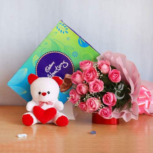 10 Pink Roses+ 1 cadbury celebrations+1 teddy