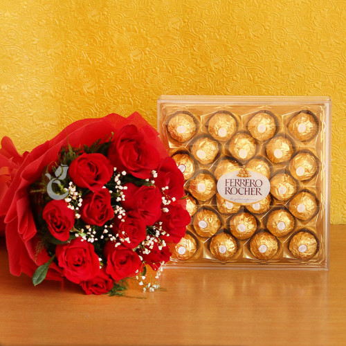 Stunning Combo Gifts Of 12 Red Roses + 24pcs Ferrero Rocher Box 