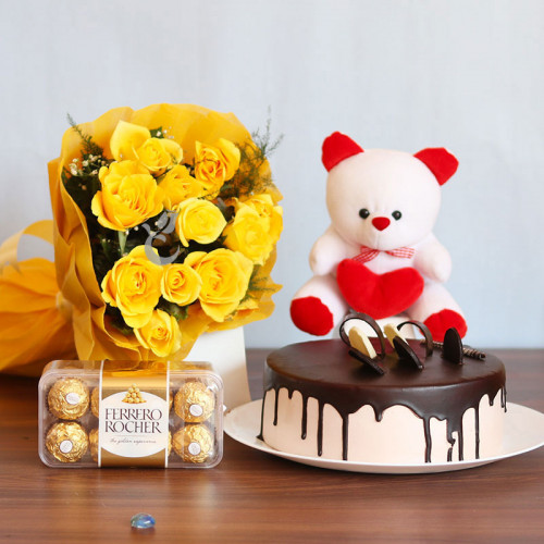 Beautiful Gift Hamper 12 Yellow Roses Bunch + Half Kg Chocolate Cake + Teddy + 16pcs Ferrero Roche