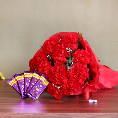10 Red Carnations and 2 Dairy Milk Chocolates Combo
