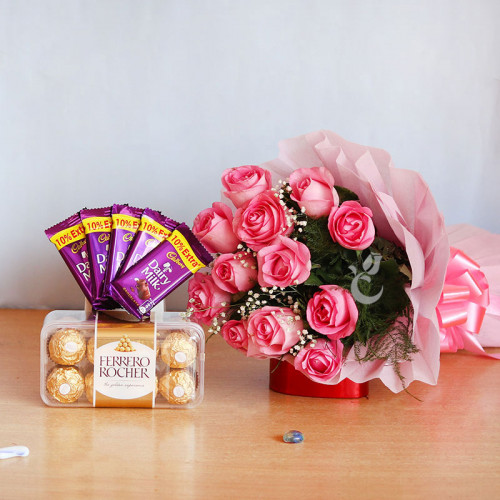 Gift Hamper of 10 Pink Roses Bunch with 5 Dairy Milk Chocolate and 16 Ferrero Rocher