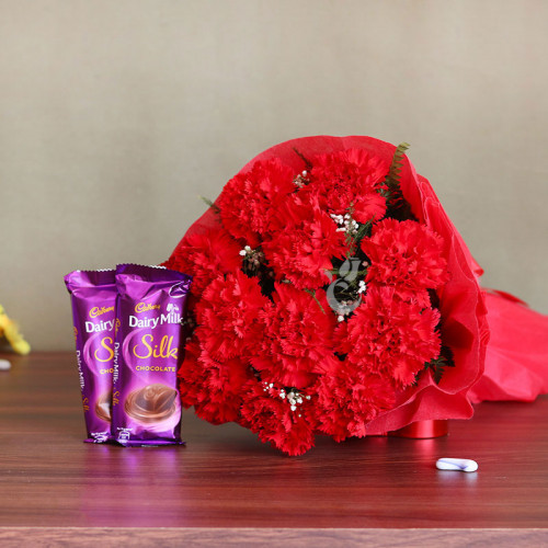 12 Red Carnations and 2 Silk Chocolates Combo