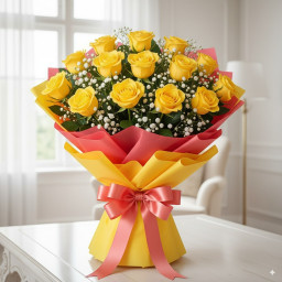 Red Rose Bouquet for Valentine's Day - 15 Yellow Roses Bunch