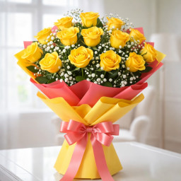 15 Yellow Roses Bunch - Red rose bouquet