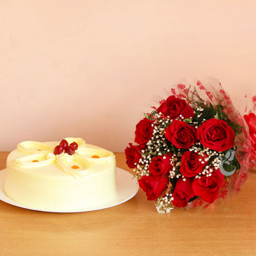 Combo of 10 Red Roses with half kg Butterscotch Cake