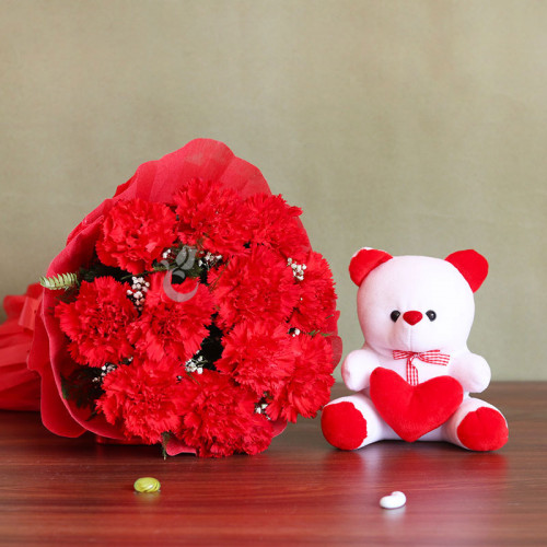 Combo Gift of 20 Red Carnations Bunch With Teddy 12 inches