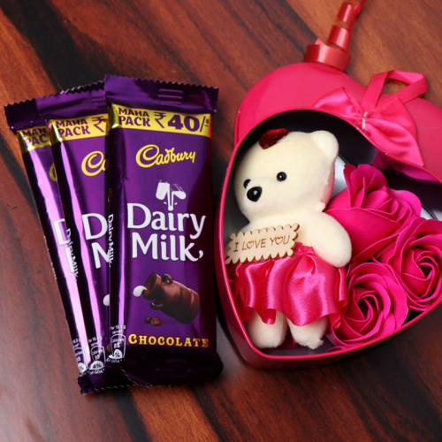Combo Gift of Three Rose Paper Soap + Teddy Bear + Three Cadbury Dairy Milk Chocolates