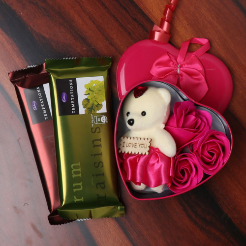 Combo Gift of Three Roses Paper Soap + Two Cadbury Temptations Chocolate + Teddy