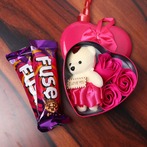 Combo Gift of Three Roses Paper Soap + Teddy + Two Cadbury Fuse Chocolates