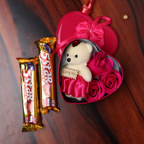 Three Rose Soap with Teddy and Two Cadbury Five Star Chocolates