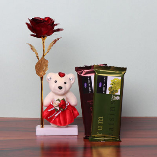 Precious gift combo of 1 Golden Red Rose with 6 inch teddy and 2 Temptation Chocolates