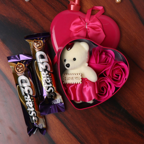 Gift Hamper of Three Roses Paper Soap with Three inches Cute Teddy and Two Cadbury 5star 3D Chocolates
