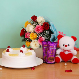 Combo Gift of 12 Mix Roses Bunch + 2 Dairy Milk Silk + Half Kg Pineapple Cake + Teddy