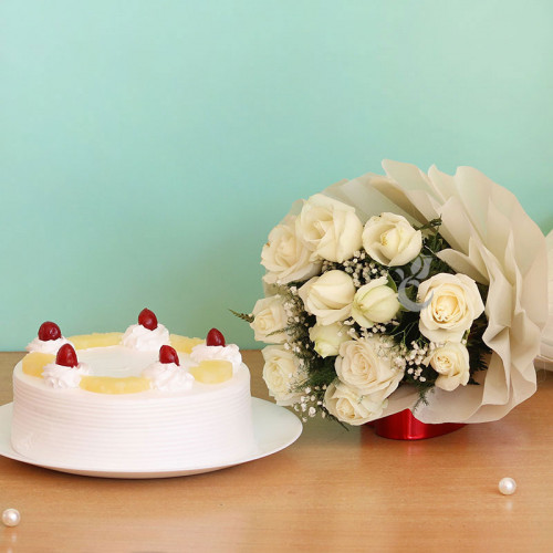 Combo Gift of 12 White Roses Bouquet  with Half kg Pinapple Cake