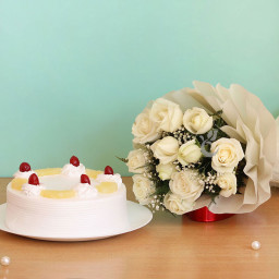 Combo Gift of 12 White Roses Bouquet  with Half kg Pinapple Cake