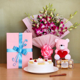 Combo Gift of 6 Orchids + Half kg Pineapple Cake +16 Ferrero Rocher +Greating Card + Teddy