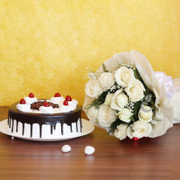 Combo of 12 White Roses and Half kg Blackforest Cake