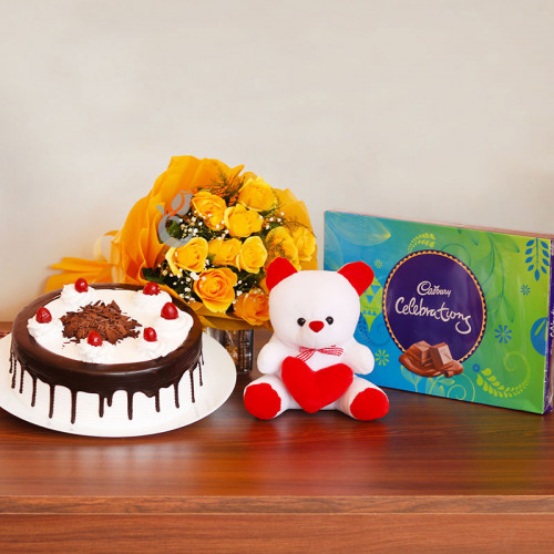 Combo Gift of 12 Yellow Roses Bunch +Half kg Blackforest  Cake +1 Celebration + Teddy 