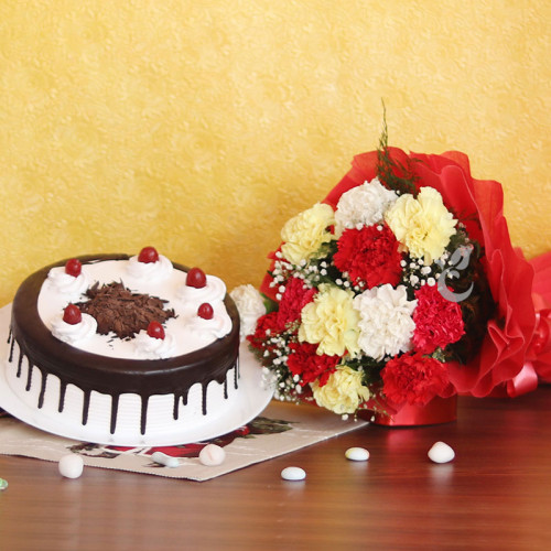 Combo Gift of 12 Mix Carnation Bunch with Half kg Blackforest Cake
