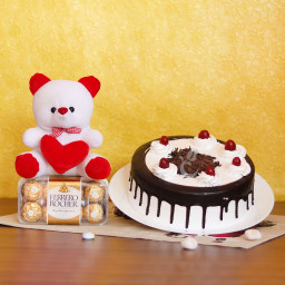 Fabulous Fascination Combo Gift of Teddy with Half Kg Black Forest Cake and16 Frc