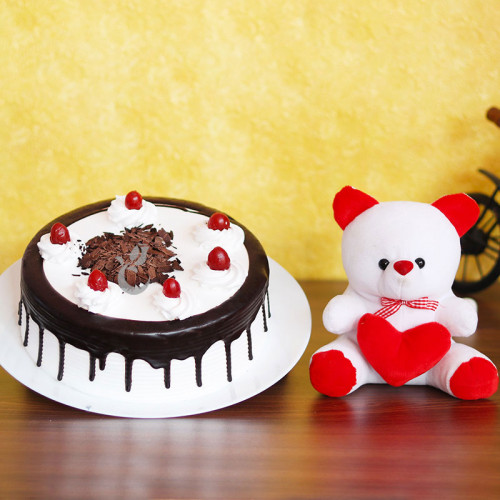 Combo Gift of  Teddy with Half  Kg Black Forest Cake