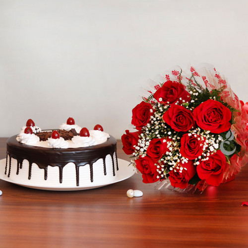 10 Red Rose and Half Kg Black Forest Cake  Combo