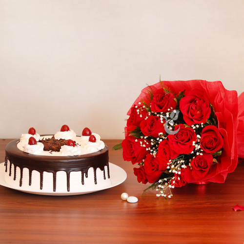 12 Red Rose and Half  Kg Black Forest Cake Combo