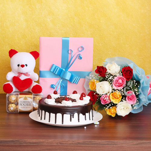 Combo Hamper half kg Black Forest Cake + 12 mix Roses+1 Greeting card+6inches teddy+16 Ferrero rocher