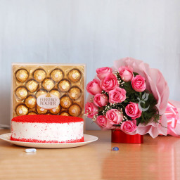 Combo Hamper of 12 Pink Roses+ Half Kg Red Velvet Cake+24 Ferrero Rocher