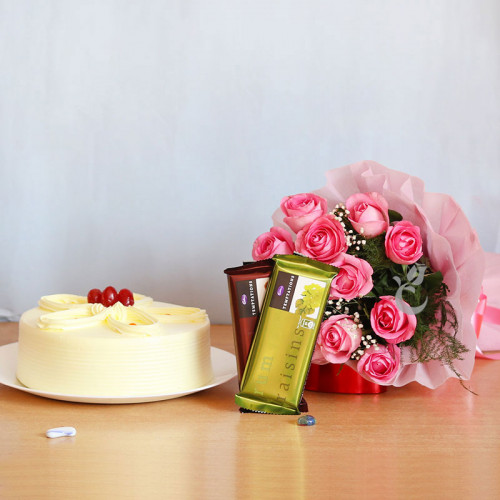 12 Pink Rose +Half kg Butterscotch Cake+2 Temptation with paper packing