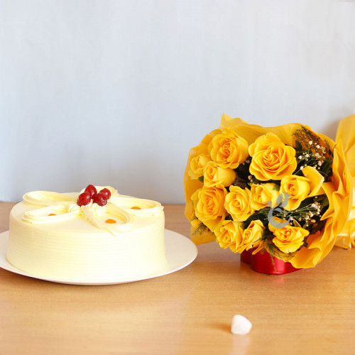 12 Yellow Rose +half Kg Butterscotch cake