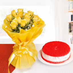 12 yellow Roses + red valvet cake