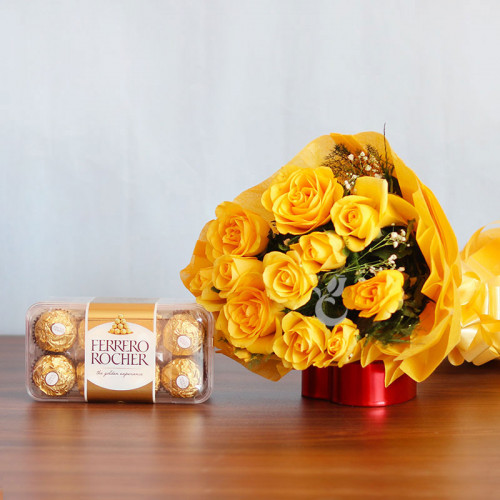 12 Yellow rRose+16 Ferrero Rocher with yellow paper packing