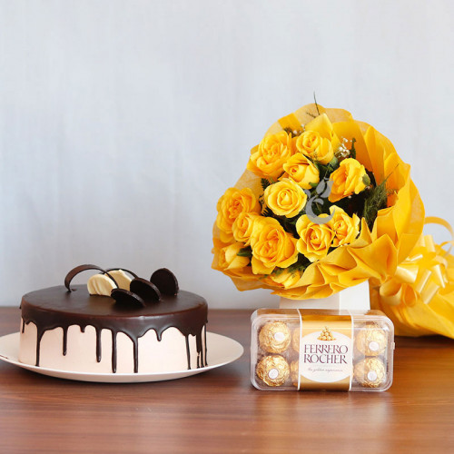 Combo Of 12 Yellow Rose+half Kg Chocolate cake+16 Ferrero Rocher
