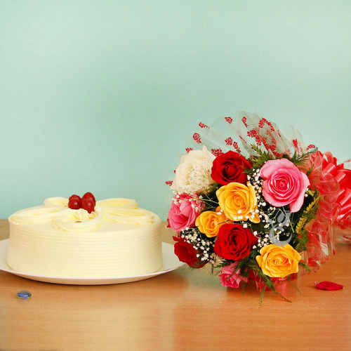 10 Mix Roses+Half kg Butterscotch Cake with cellophane packing