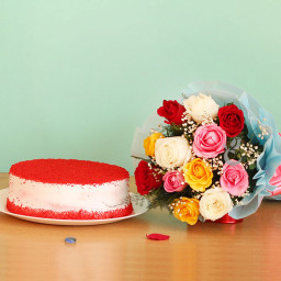 Combo of 12 Mix Roses+half kg Red velvat Cake with Blue paper Packing