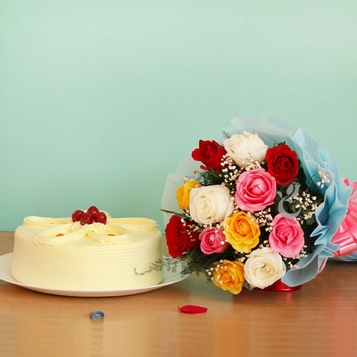 Combo  Gift of 12 Mix Rose with Half kg Butterscotch Cake