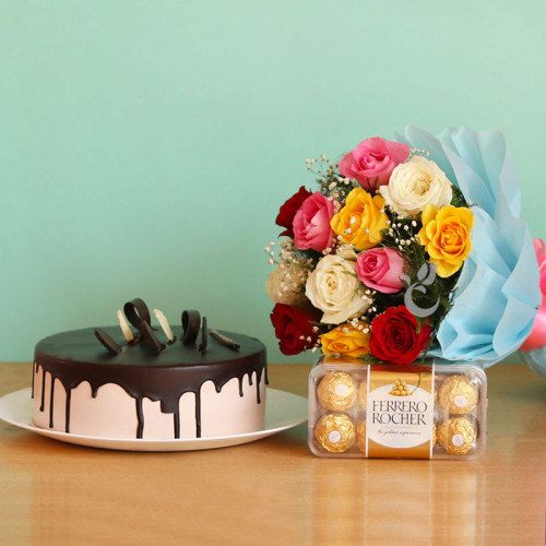 Combo Gift of 12 Mix Rose Bouquet with Half kg  Chocolate Cake and 16 Ferrero Rocher
