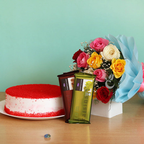 Combo Gift of 12 Mix Rose Bunch with Half kg  Red Valvet Cake and 2 Temptation