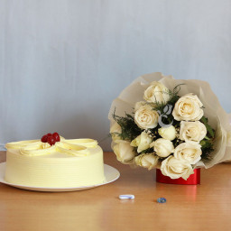 Combo Gift of 12 White Rose Bunch and Half kg  Butterscotch Cake