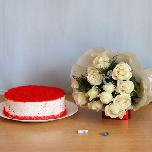 12 White Rose Bouquet  and Half kg  Red Valvet Cake Gift Combo
