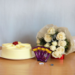 Combo Gift of 12 White Roses Bunch + Half kg  Butterscotch Cake + 5 Dairy Milk