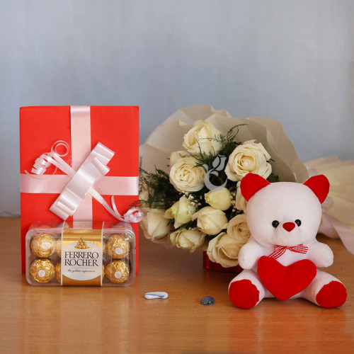 Gift Hamper of 12 White Roses+ Teddy + 16 Pic Ferrero Rocher +1 Greeting Card