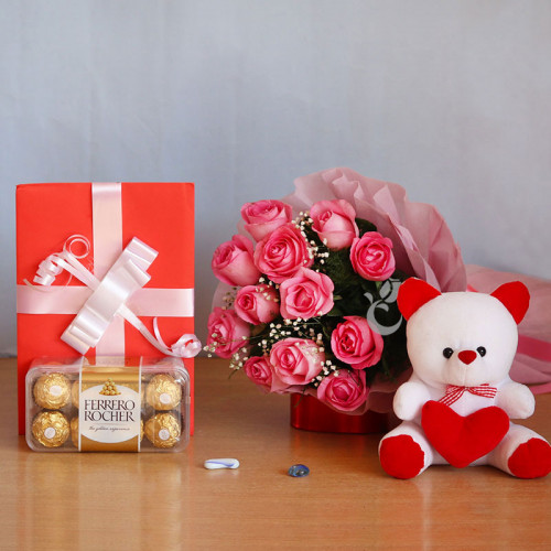 Gift Hamper of 12 Pink Roses + Teddy + 16 Pic Ferrero Rocher + 1 Greeting Card